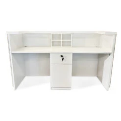 KENTO Reception Desk 180cm - White & Oak Timber Slat Acoustic(Kento Reception Desk 180cm White Oak Timber Slat Acoustic) -Modern Furniture 1800mmBackCentredrawer 1000