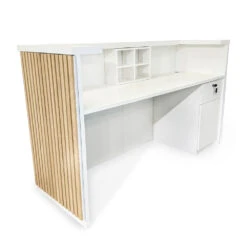 KENTO Reception Desk 180cm - White & Oak Timber Slat Acoustic(Kento Reception Desk 180cm White Oak Timber Slat Acoustic) -Modern Furniture 1800mmBackangle 1000