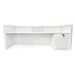 KENTO Reception Desk 240cm - Timber Slat Acoustic White & Oak(Kento Reception Desk 240cm Timber Slat Acoustic White Oak) -Modern Furniture 2400mmBack 1000