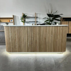 HALO Reception Desk 240cm - Oak & White(Halo Reception Desk 240cm Oak White) -Modern Furniture 2400mmOakHaloFrontLifestyle2 1000copy