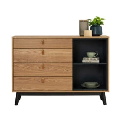 CASTOR Sideboard Buffet 125cm - Natural, Navy Blue & Black(Castor Sideboard 125cm Natural Blue Black) -Modern Furniture 344024 A2800