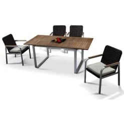 5pc Rola Teak Outdoor Dining Table Set - Solid Oak & White Aluminum(Rola Teak Outdoor Dining Setting)