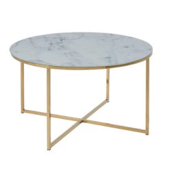 KOLINA Glass Marble Round Coffee Table 80cm - White/ Gold Chrome(Copy Of Kolina Glass Marble Round Coffee Table 80cm White)