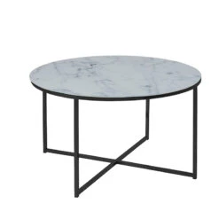 KOLINA Glass Marble Round Coffee Table 80cm - White(Kolina Glass Marble Round Coffee Table 80cm White)