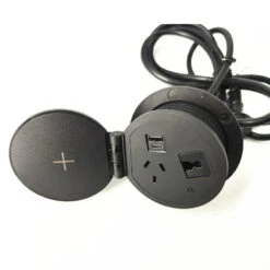 Round In Desk Power, Wireless Charging & USB Cable Cubby Management Dock - 9cm - Black(In Desk Wireless Charging Usb Dock 9cm Black) -Modern Furniture BS 5101E 2 800