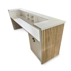 KENTO Reception Desk 240cm - Timber Slat Acoustic White & Oak(Kento Reception Desk 240cm Timber Slat Acoustic White Oak) -Modern Furniture BackAngle 2400 1000 c6e6c1f6 4f01 4081 9dda ef7c5386a46e