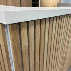 KENTO Reception Desk 240cm - Timber Slat Acoustic White & Oak(Kento Reception Desk 240cm Timber Slat Acoustic White Oak) -Modern Furniture DF DO TY2406 WCloseup 1000