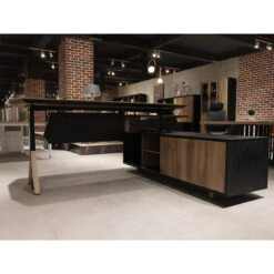 EASTON Sit Stand Electric Lift Executive Desk With Right Return 2.2M - Warm Oak & Black(Easton 2 0 Sit Stand Electric Lift Executive Office Desk With Right Return 2 2m) -Modern Furniture N2805LiftingUpBackR 800