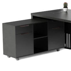 AFTAN Black Executive Desk With Pedestal & Left Mobile Return 180cm - Black Concrete(Aftan Black Executive Desk With Pedestal Left Mobile Return 180cm Black) -Modern Furniture NB2806 LReturn 2000