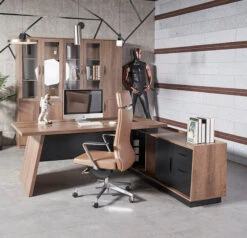 SUTTON Executive Desk With Right Return 1.8M - 2.0M - Warm Oak & Black(Sutton Executive Desk With Right Return 1 8m 2 0m Mahogany Black) -Modern Furniture WF M2507 RBackView 8 800
