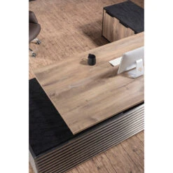 PHOENIX 2.0 - Sit Stand Electric Lift Executive Desk With Left Return 2.8m - Warm Oak & Black(Copy Of Phoenix 2 0 Sit Stand Electric Lift Executive Office Desk With Left Return 2 8m) -Modern Furniture WF N28016Rcopy