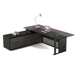 MADEIRA Executive Desk 220cm Left Return - Hazelnut & Black Concrete(Madeira Executive Desk 220cm Left Return Hazelnut Black) -Modern Furniture WF W601B L 2 LEFT 2000