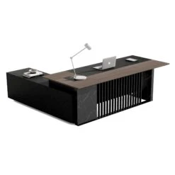 MADEIRA Executive Desk 220cm Right Return - Hazelnut & Black Concrete(Madeira Executive Desk 220cm Right Return Hazelnut Black)