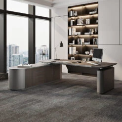 LUCA Sit & Stand Executive Desk With Electric Lift And Reversible Return 240cm - Hazelnut & Grey(Ponce Executive Desk Reversible Return 240cm Hazelnut Grey) -Modern Furniture WF W603 4 L 1000