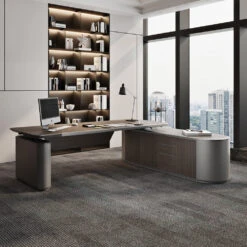 LUCA Sit & Stand Executive Desk With Electric Lift And Reversible Return 240cm - Hazelnut & Grey(Ponce Executive Desk Reversible Return 240cm Hazelnut Grey) -Modern Furniture WF W603 4 R 1000