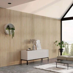 WOODFLEX Flexible Acoustic Wood Slat Panel - 3 Sided Oak Veneer On Light Grey - 2700mm X 600mm(Woodflex Flexible Acoustic Wood Slat Wall Panel 270cm Oak Veneer On Light Grey) -Modern Furniture Woodflex 10 800